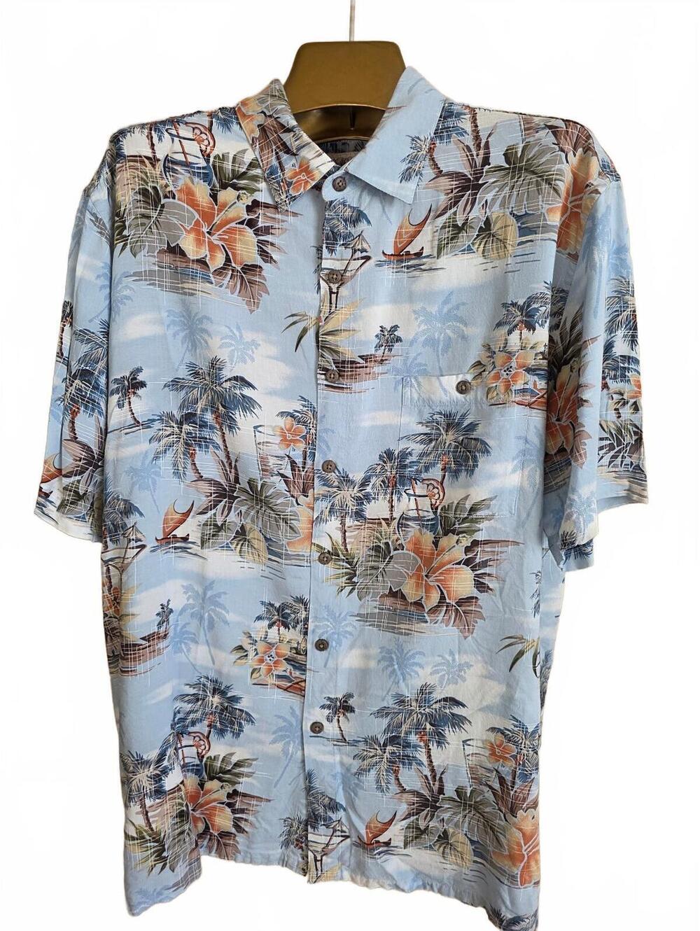 Campia Moda Men's XL Hawaiian Shirt 100% Rayon Blue Palm Tree Tropical Cruise
